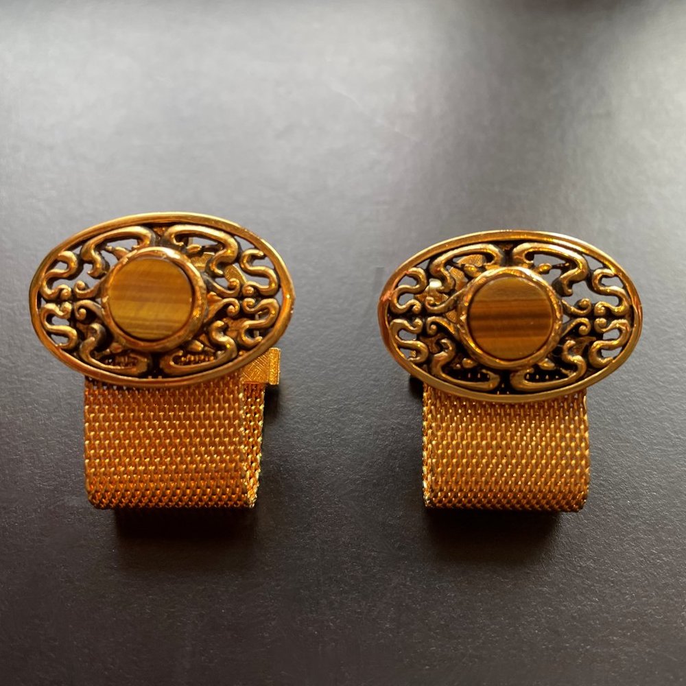 Vintage 1970s Gold Mesh Cufflinks w/ Tiger Eye Stone Oval Filigree Men’s